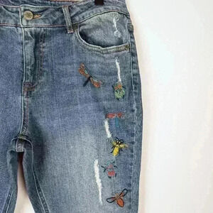 Bug Embroidered For The Republic Distressed Mid Rise Stretch Jeans Size 10/29